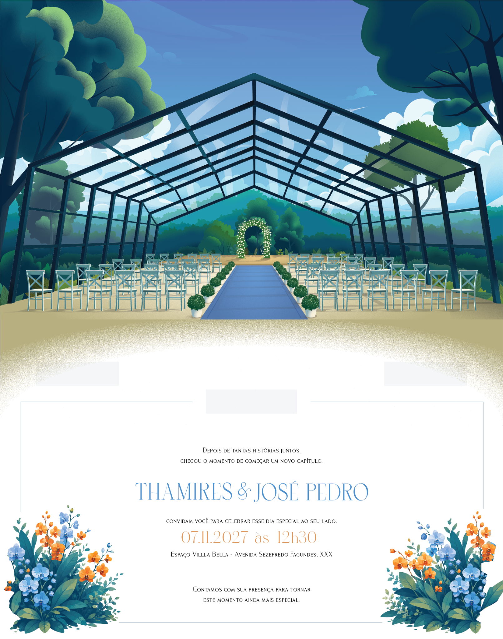 Convite do casamento de Thamires e José Pedro, em 7 de novembro de 2027, às 12h30, no Espaço Villla Bella.